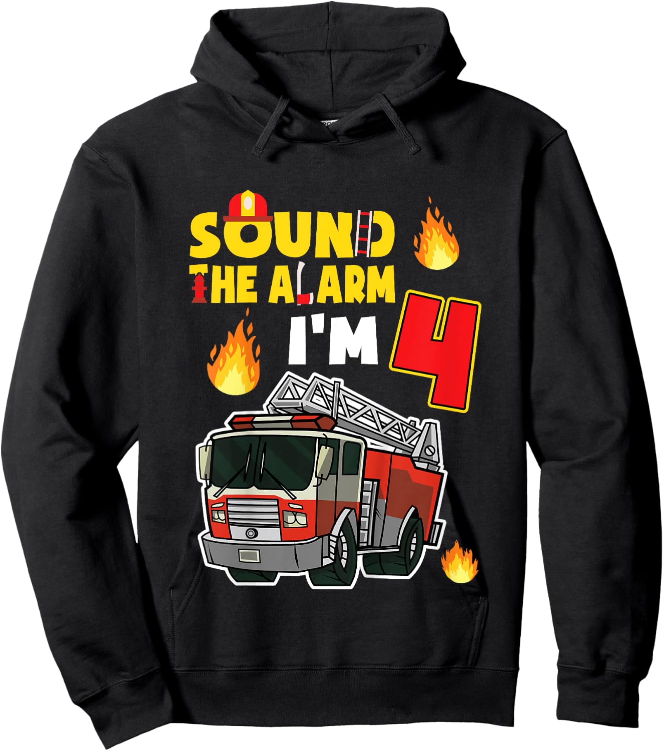 Kids Sound The Alarm I'm 4 Little Firefighter 4rd Birthday Hoodie - Hoodie | Black