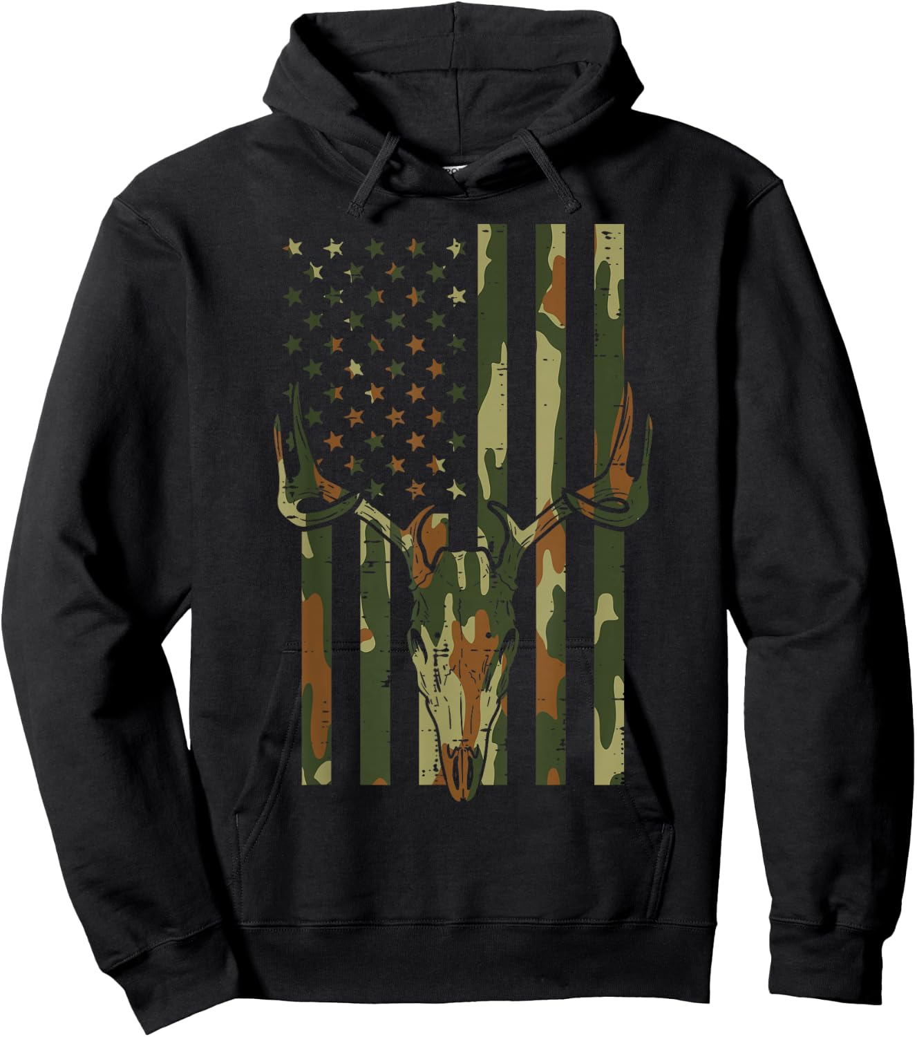 Camo US Flag Deer Skull Vintage Hunting Patriotic Hunt Dad Hoodie - Hoodie | Black