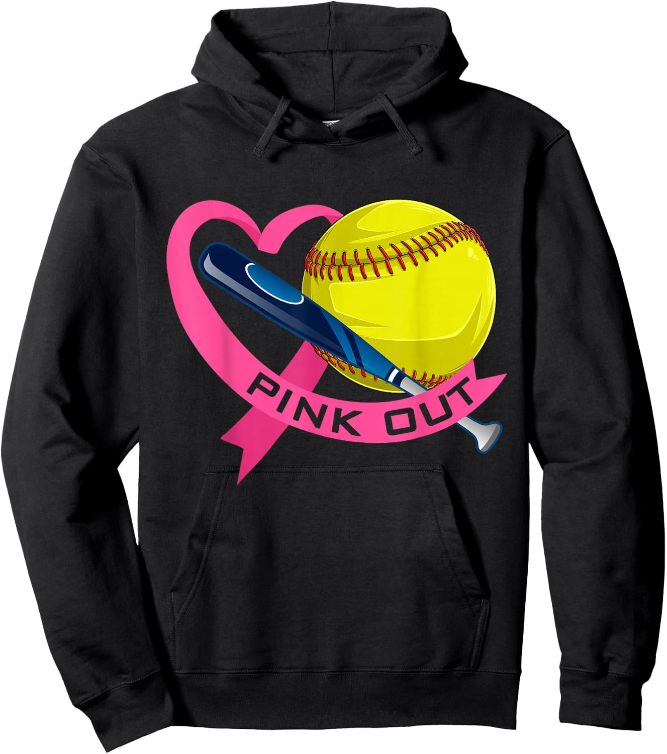 Pink Out Breast Cancer Pink Ribbon Heart With Softball Ball Hoodie - Hoodie | Black