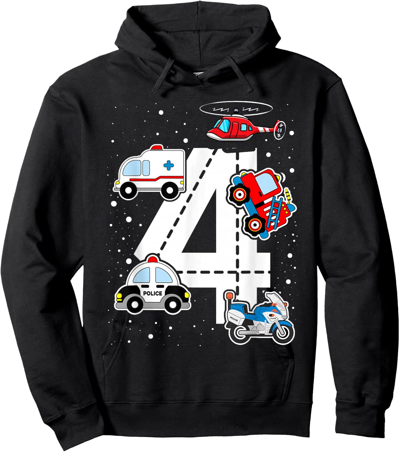 Emergency Vehicles 4th Birthday Fire Truck Police Car Boys Hoodie - Hoodie | Black