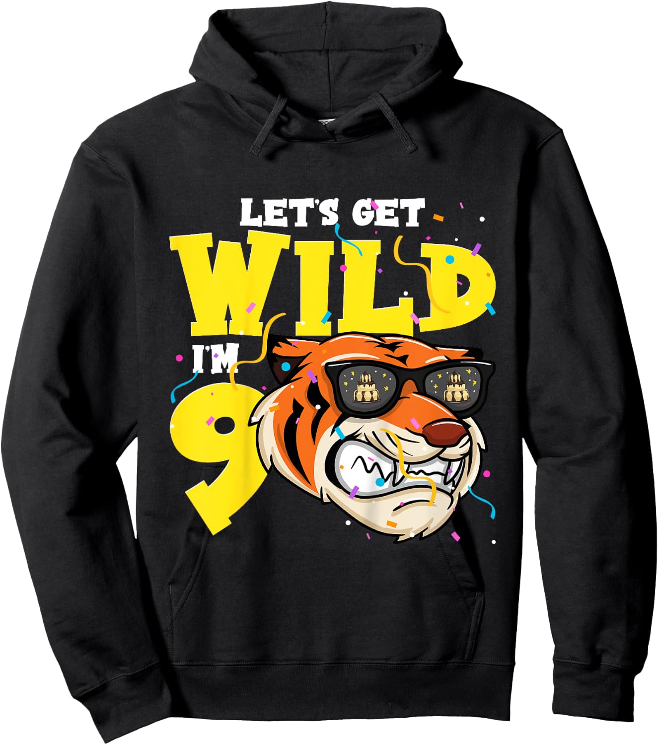 Kids 9th Birthday Tiger Lets Get Wild 9 Year Old Boy Girl Hoodie - Hoodie | Black