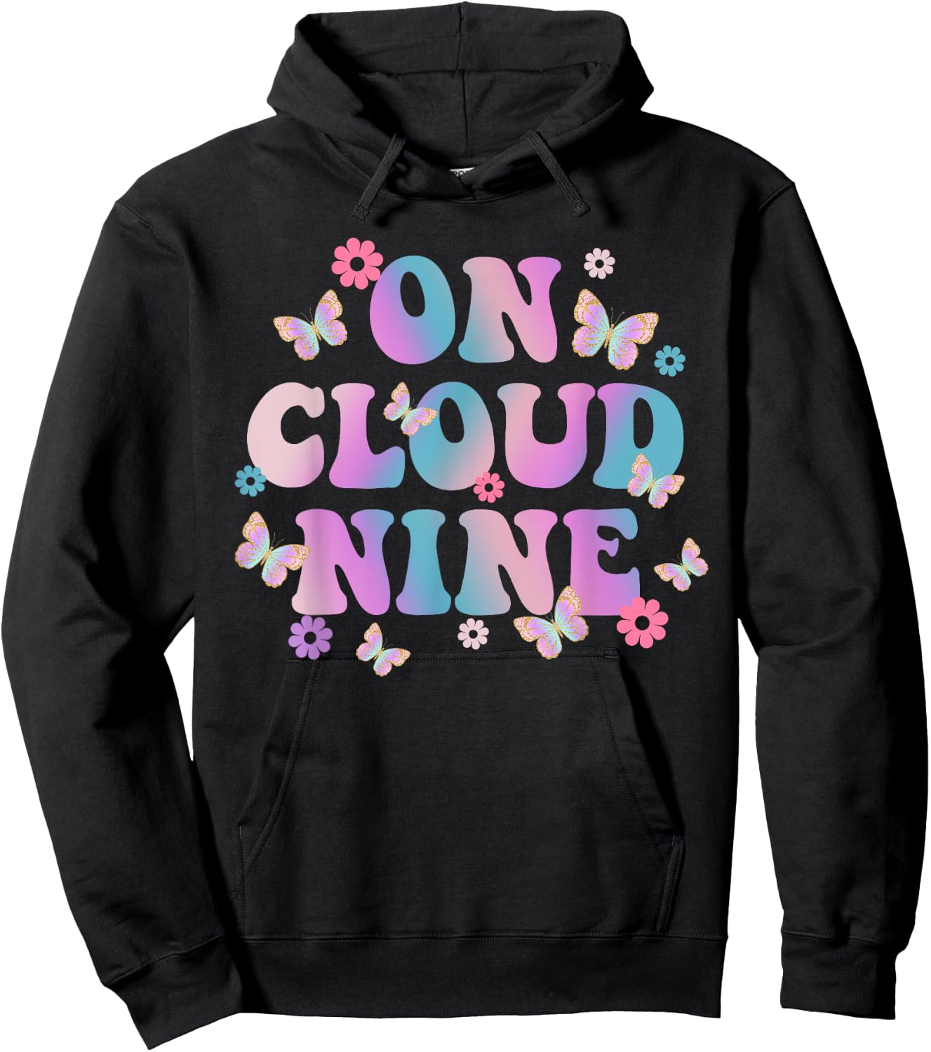 9th Birthday Shirt Girl Rainbow Butterfly On Cloud Nine Hoodie - Hoodie | Black