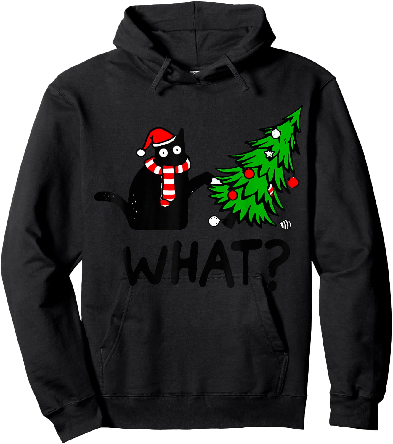 Funny Black Cat Gift Pushing Christmas Tree Over Cat What? Small Hoodie - Hoodie | Black