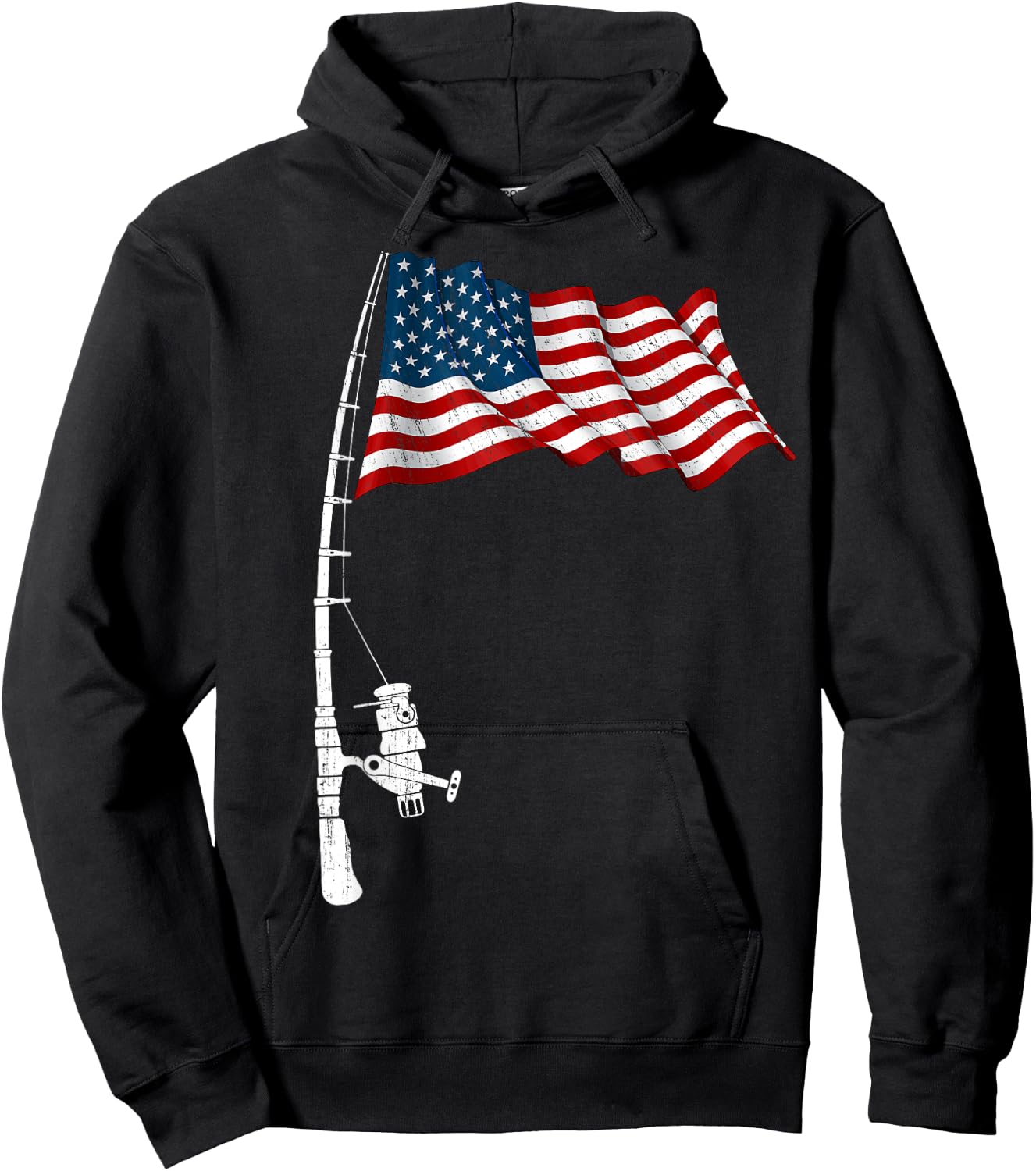 Vintage Fishing Rod American Flag Funny Fishing 4th of July Men Hoodie - Hoodie | Black