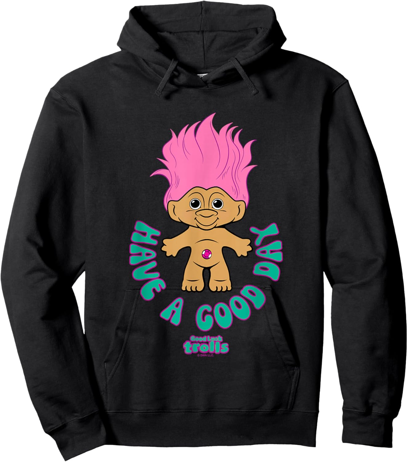 Good Luck Trolls Have A Good Day Cute Pink Troll Chest Logo Hoodie - Hoodie | Black