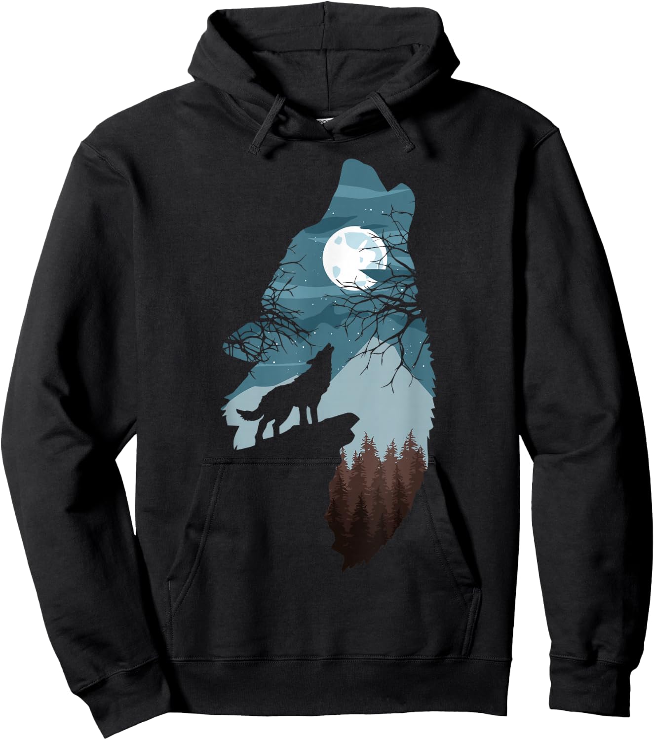 Forest with Full-Moon and Cliff of Silhouette Howling Wolf Hoodie - Hoodie | Black