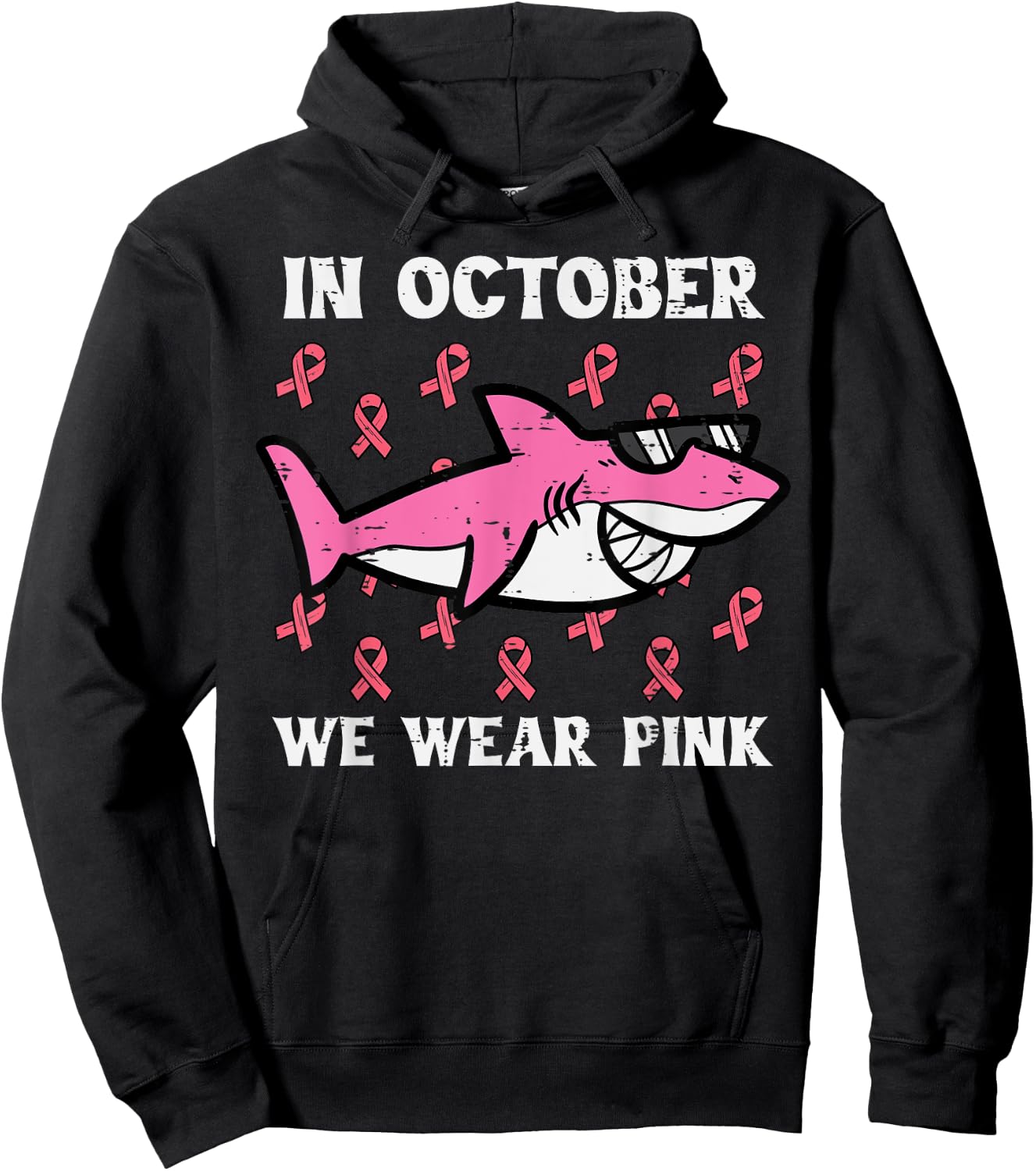 October We Wear Pink Shark Breast Cancer Awareness Boys Kids Hoodie - Hoodie | Black
