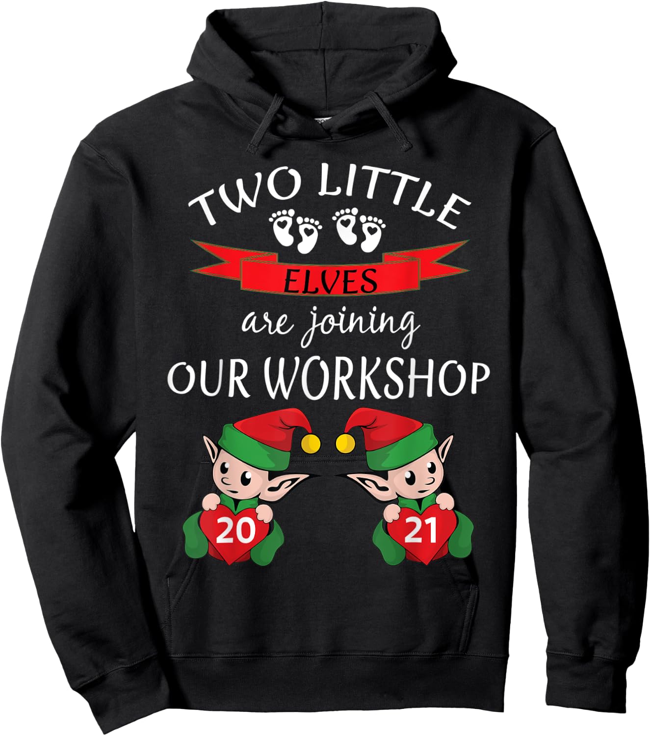 Cute 2021 Twins Christmas Pregnancy New Mom Baby Reveal Elf Hoodie - Hoodie | Black