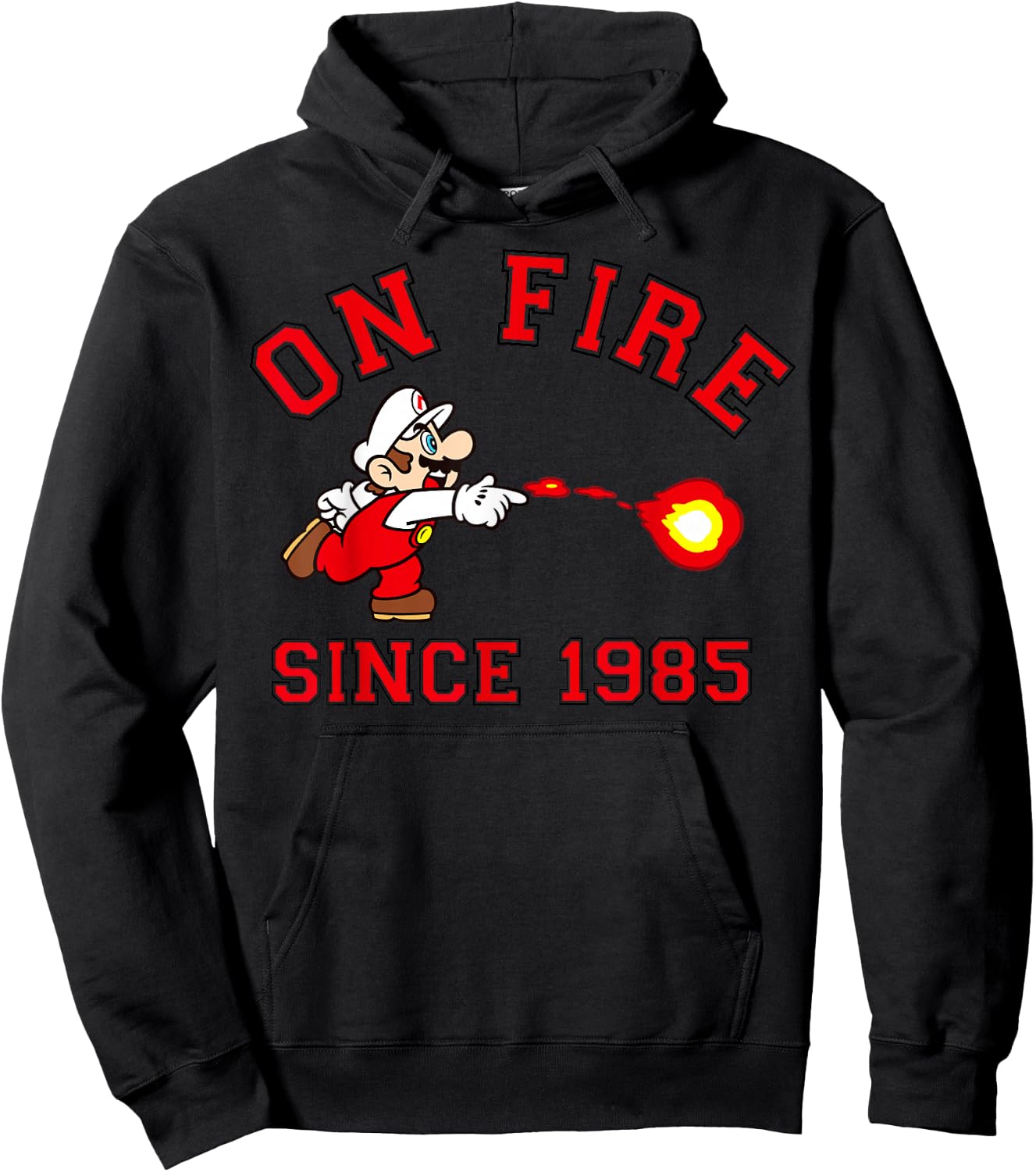 Super Mario Bros On Fire Since 1985 Red Text Collegiate Hoodie - Hoodie | Black