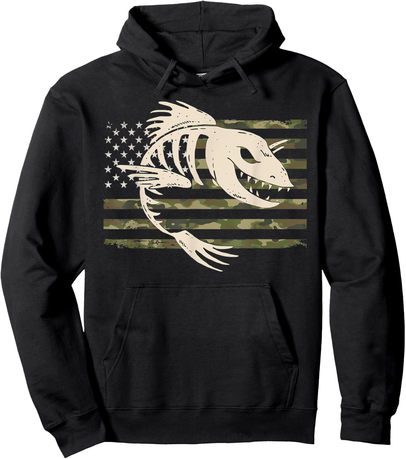 Fish Bones Skeleton Camo US American Flag Camouflage Fishing Men Hoodie - Hoodie | Black