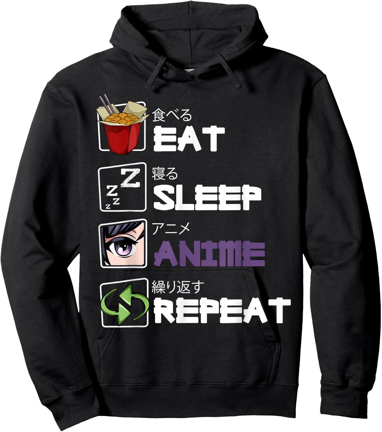 Eat Sleep Anime Repeat Kawaii Otaku Manga Japan Fan Kanji Hoodie - Hoodie | Black