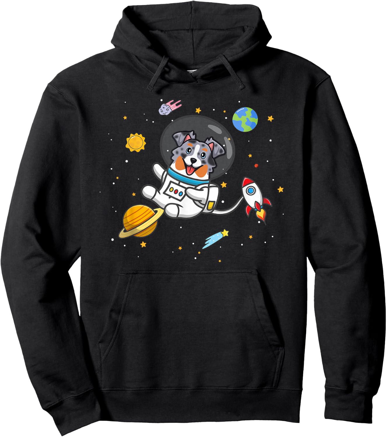 Funny Kawaii Kids Space Blue Merle Australian Shepherd Lover Hoodie - Hoodie | Black