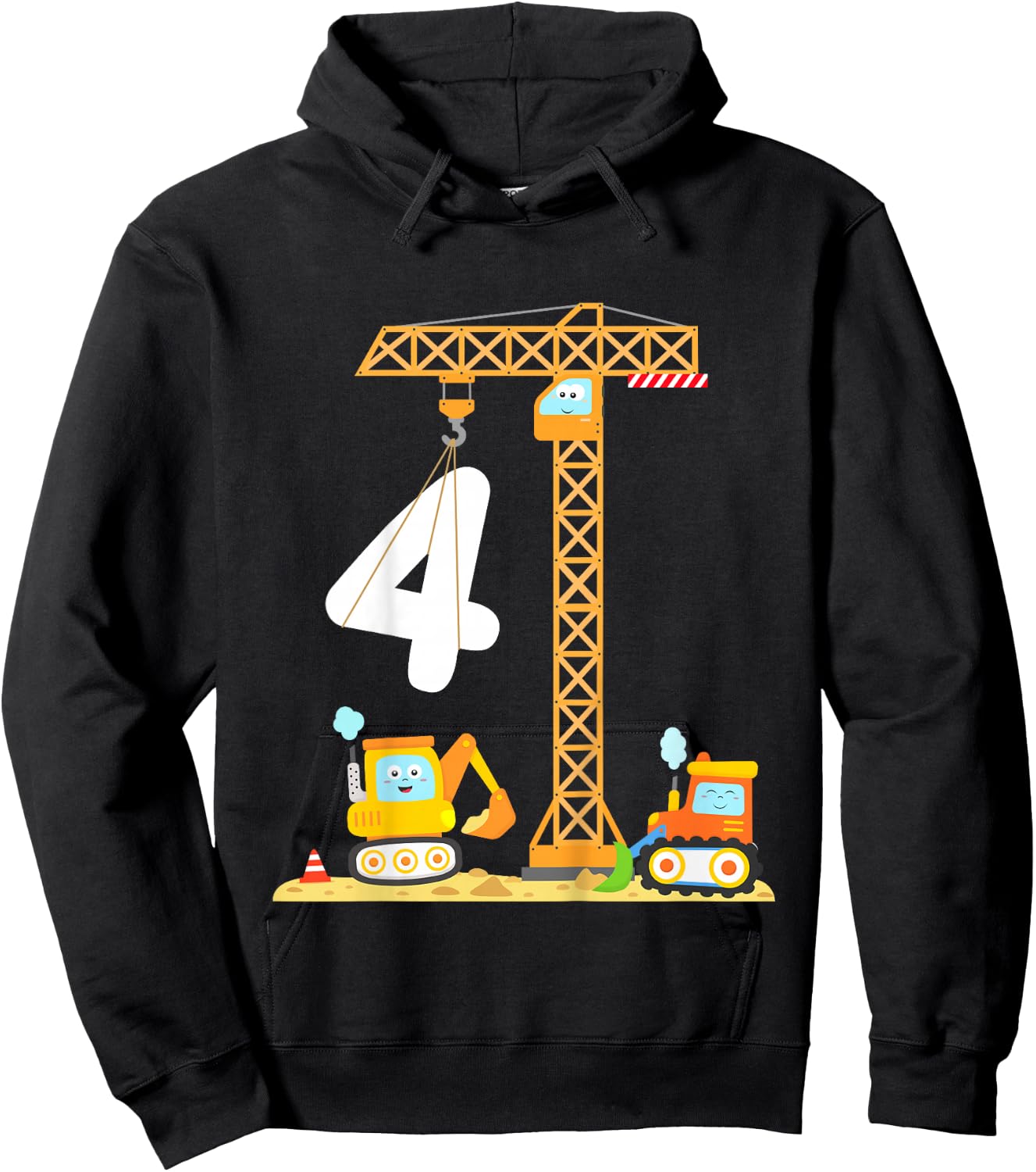 Kids Birthday 4 Year Old Boy Construction Vehicles Digger Crane Hoodie - Hoodie | Black