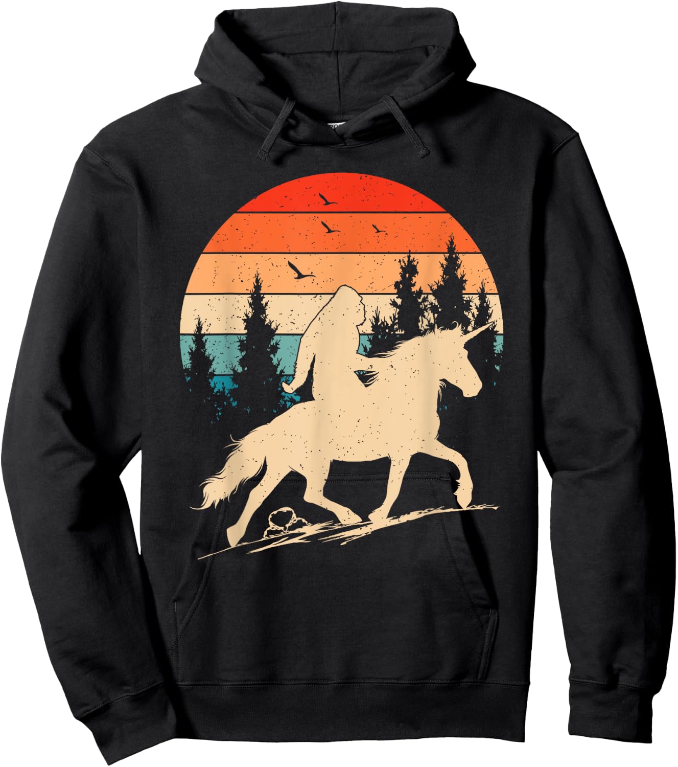 Bigfoot Riding Unicorn! Funny Sasquatch Unicorn Retro Sunset Hoodie - Hoodie | Black