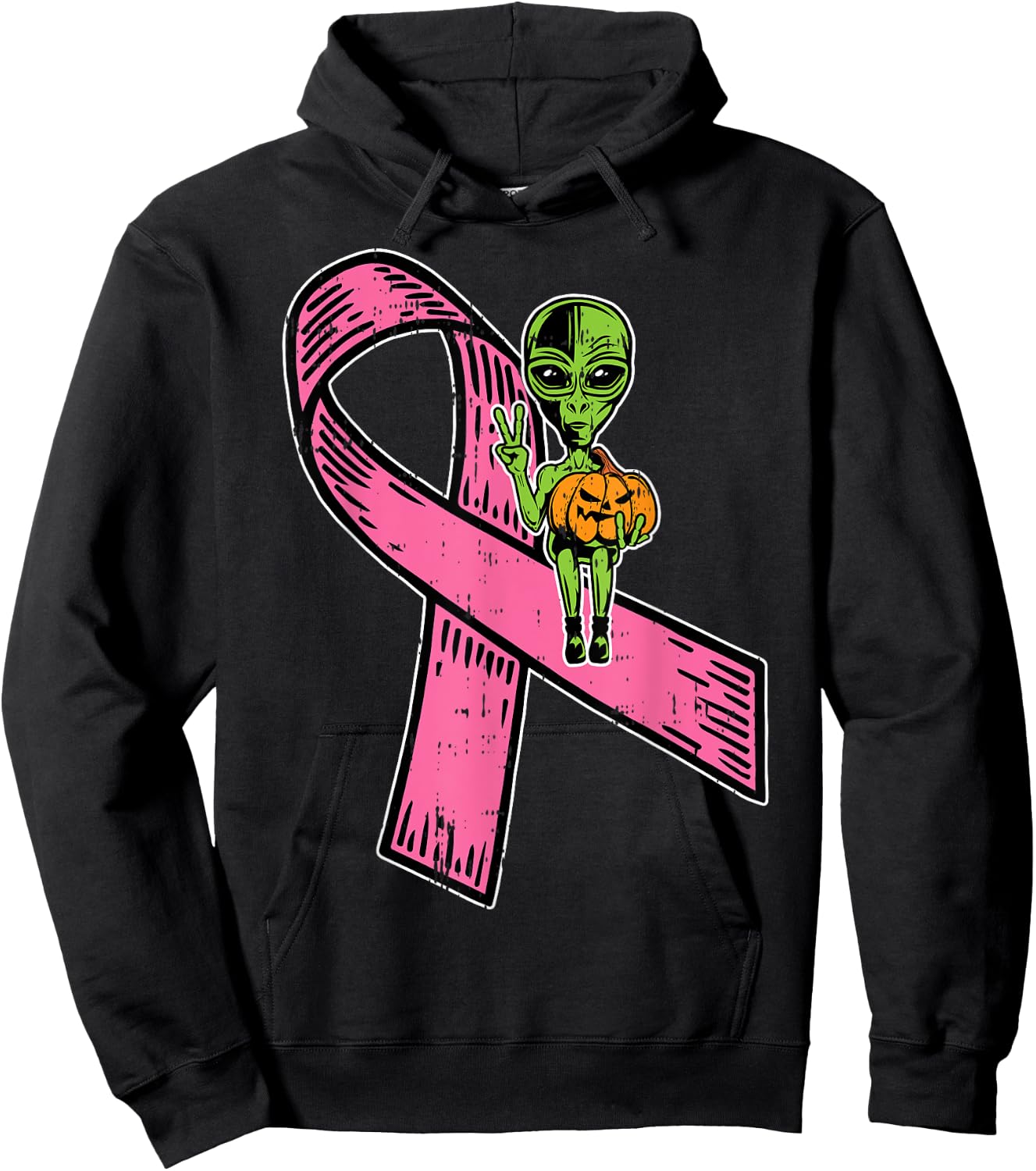 Pink Ribbon Alien Pumpkin Cool Halloween Breast Cancer Gifts Hoodie - Hoodie | Black