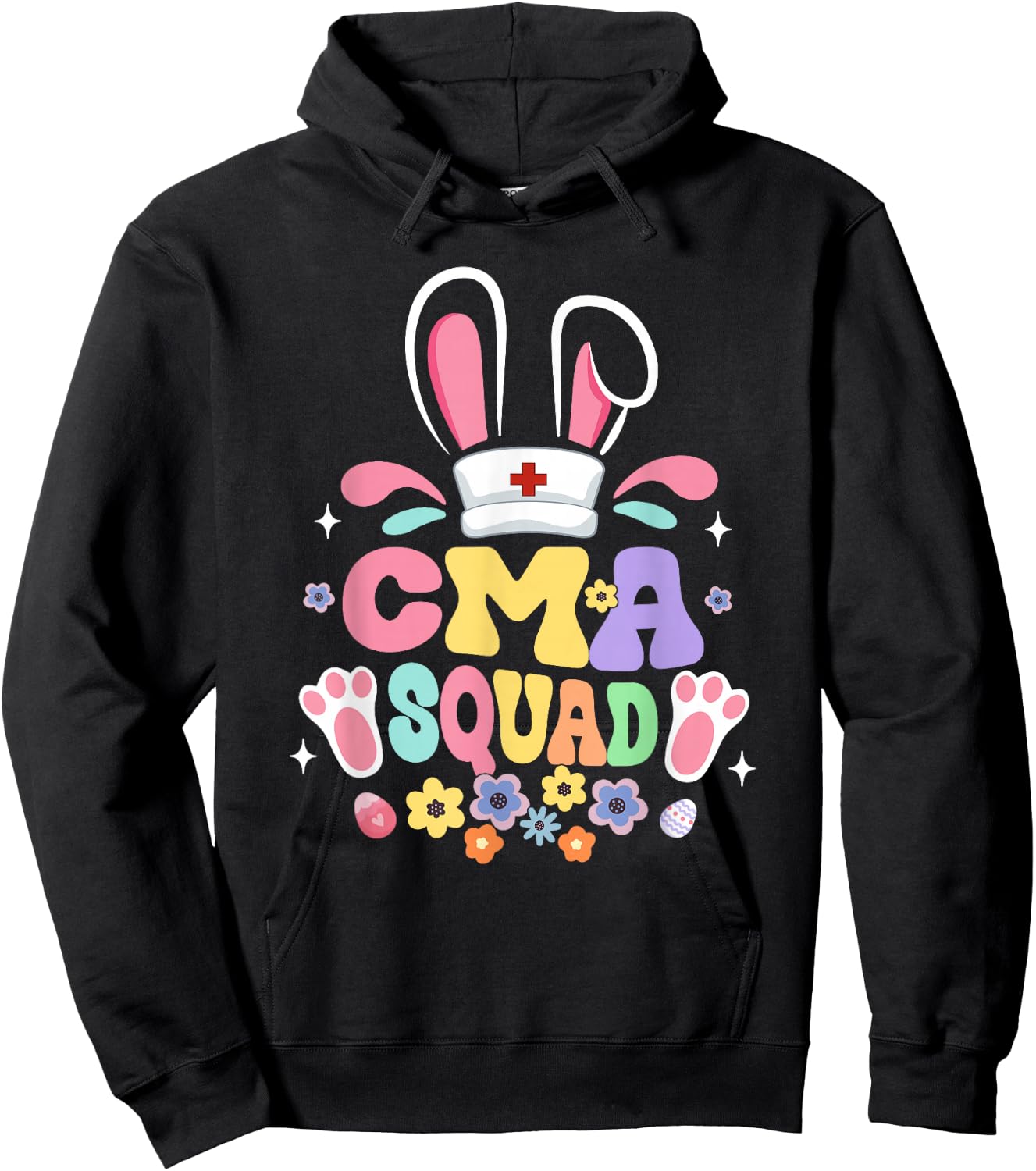 Retro Groovy CMA Squad Bunny Ear Flower Easter Hoodie - Hoodie | Black