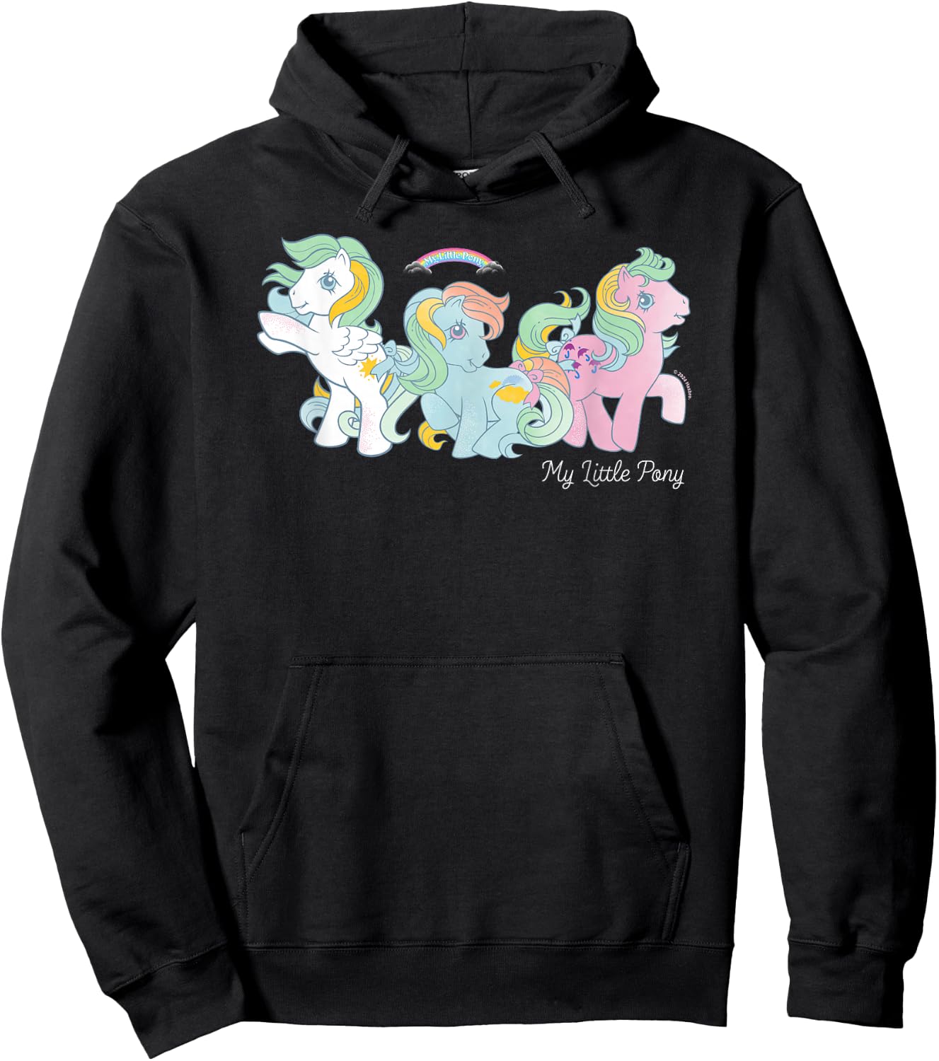 My Little Pony Classic Vintage Pastel 3 Ponies Rainbow Group Hoodie - Hoodie | Black