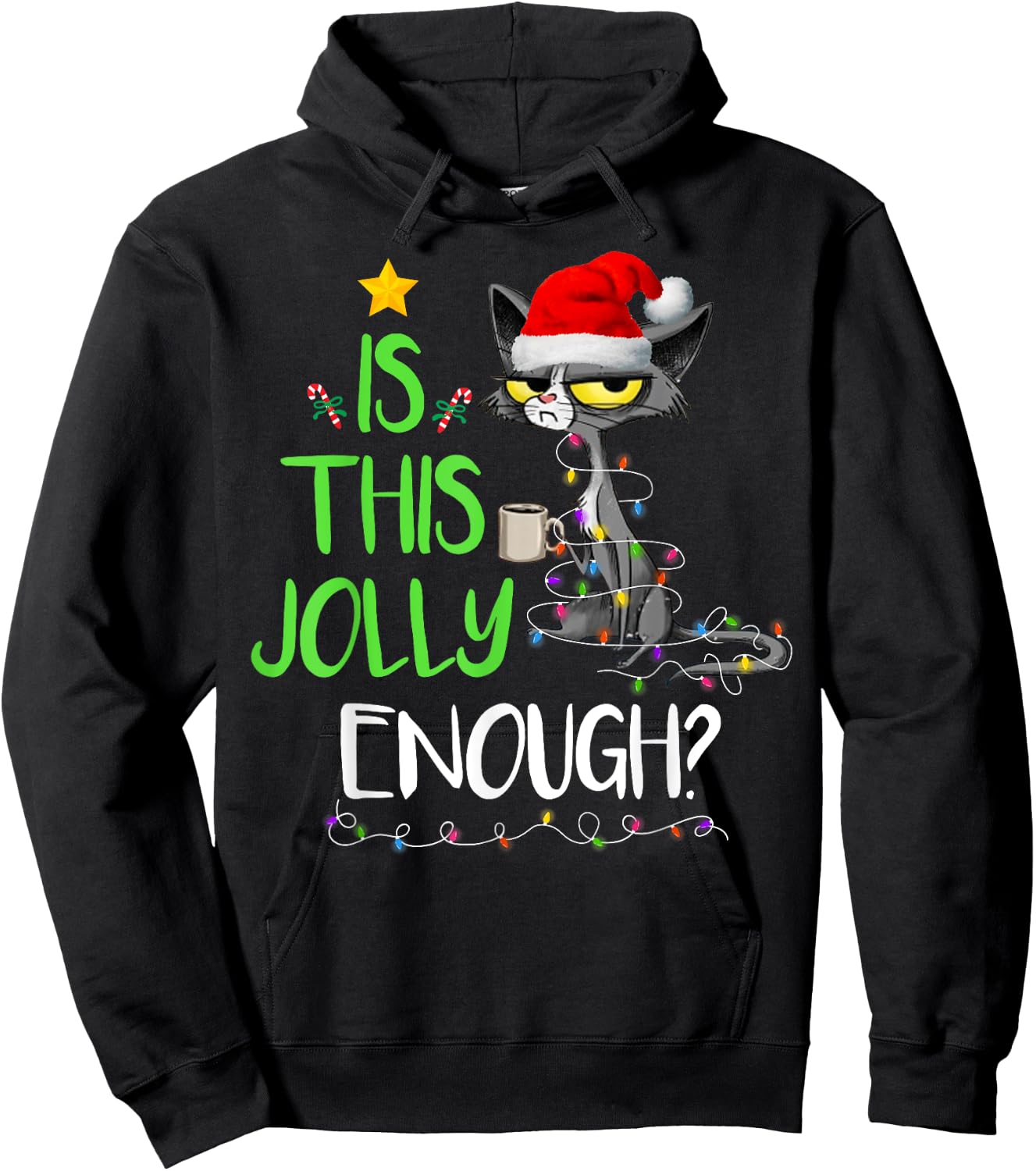 Is This Jolly Enough Black Cat Merry Christmas Tree Lights Women Kids Hoodie - Hoodie | Black