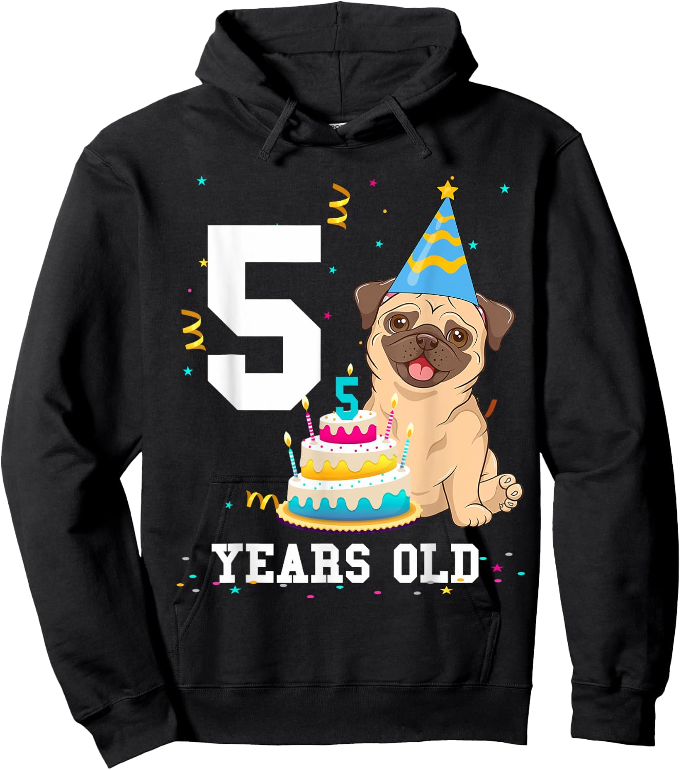 5 Years Old Birthday Pug Dog Lover Party Kids Boys Girls Hoodie - Hoodie | Black