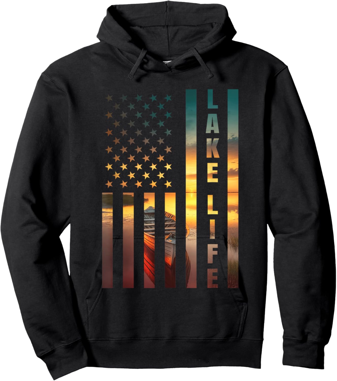 Lake Life Fisherman Sunset American Flag Bass Fishing Boat Hoodie - Hoodie | Black