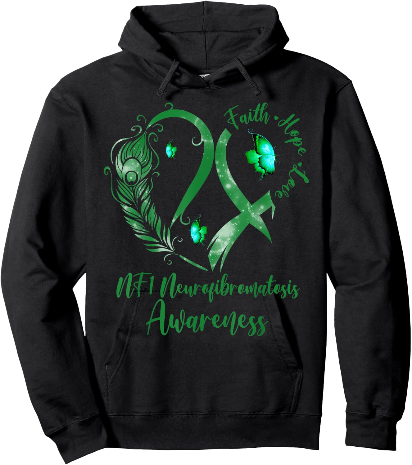 Tu Heart Butterfly Green Ribbon NF1 Awareness Hoodie - Hoodie | Black