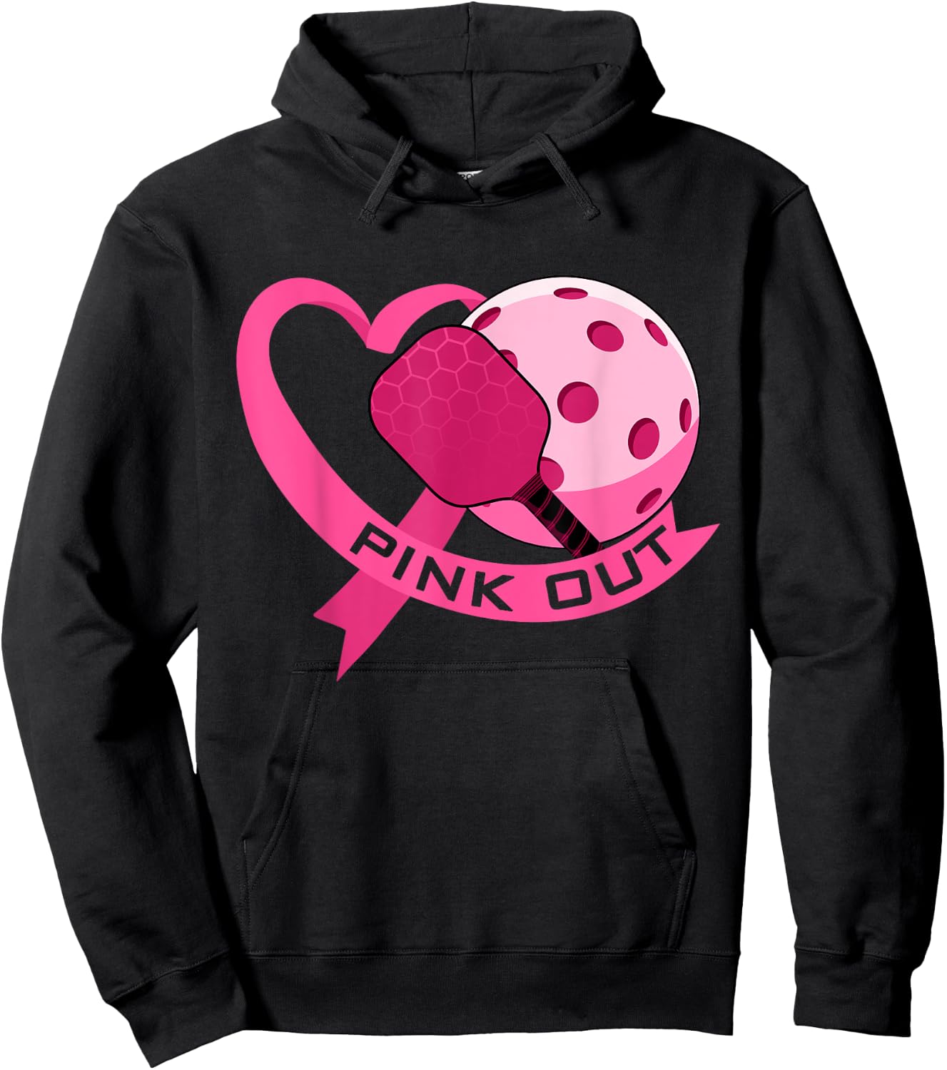 Pink Out Breast Cancer Pink Ribbon Heart & Pickleball Ball Hoodie - Hoodie | Black
