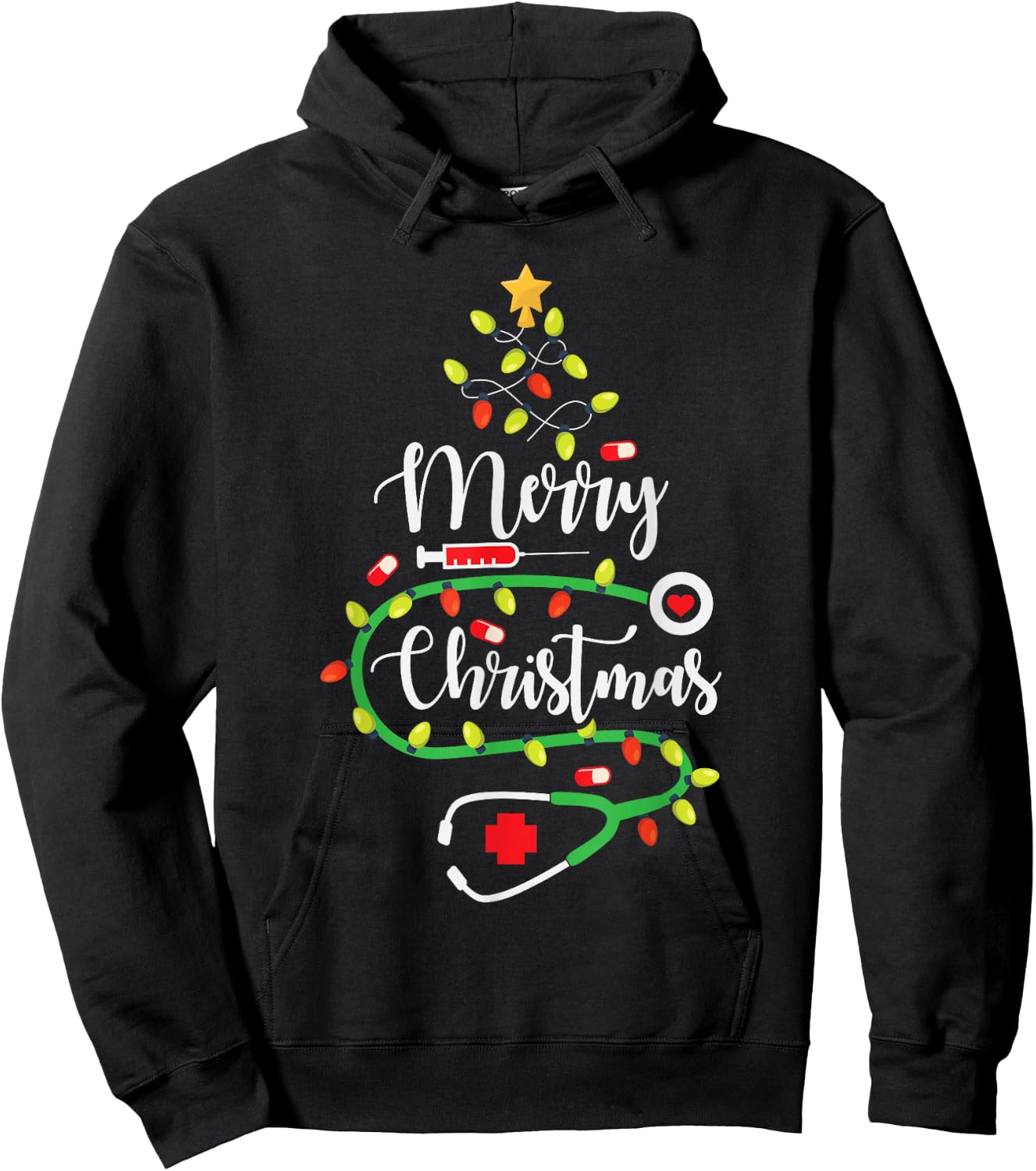 Merry Christmas Cute Registered Nurse Medical Stethoscope Hoodie - Hoodie | Black