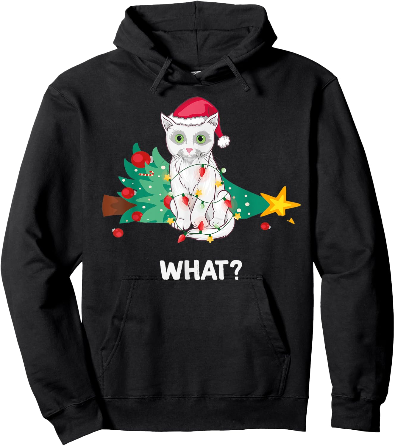 Funny White Cat Pushed Christmas Tree And Says What? Hoodie - Hoodie | Black