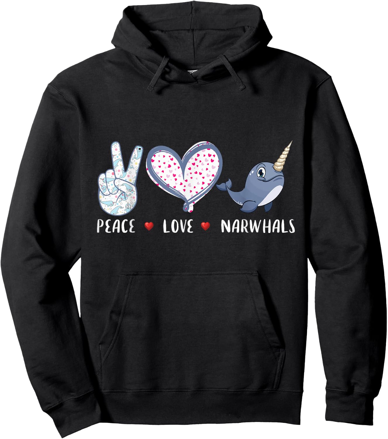 Peace love Narwhals gifts for girls boys kids women men Hoodie - Hoodie | Black