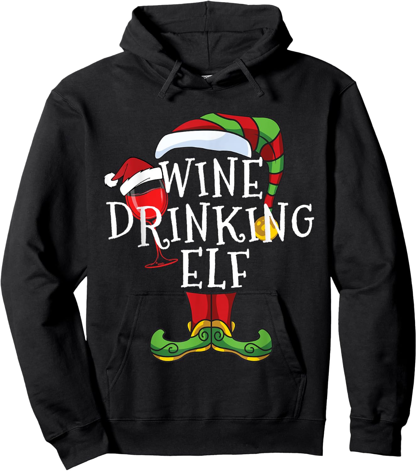 Wine Drinking Elf Lover Family Matching Christmas Funny Hoodie - Hoodie | Black