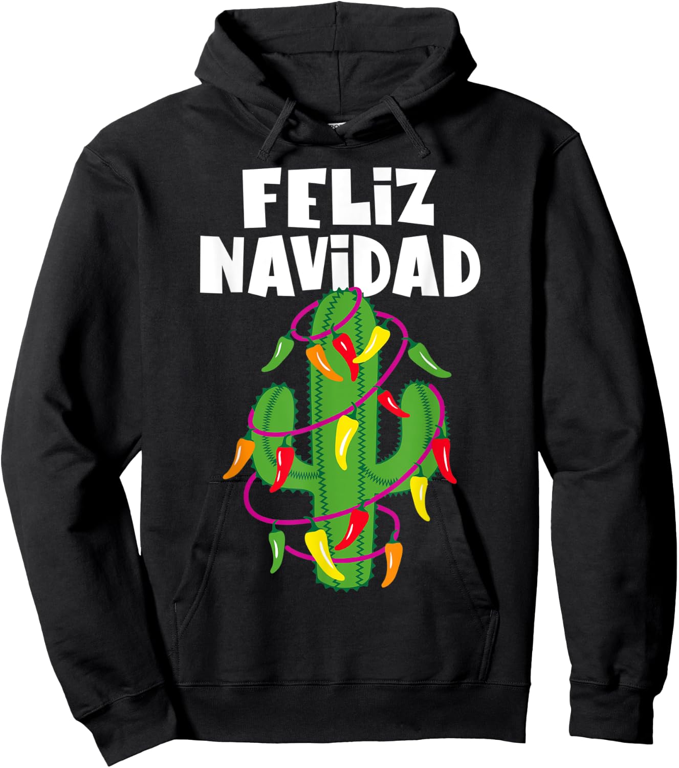 Funny Feliz Navidad Cactus Tree & Lights Spanish Pajama Top Hoodie - Hoodie | Black