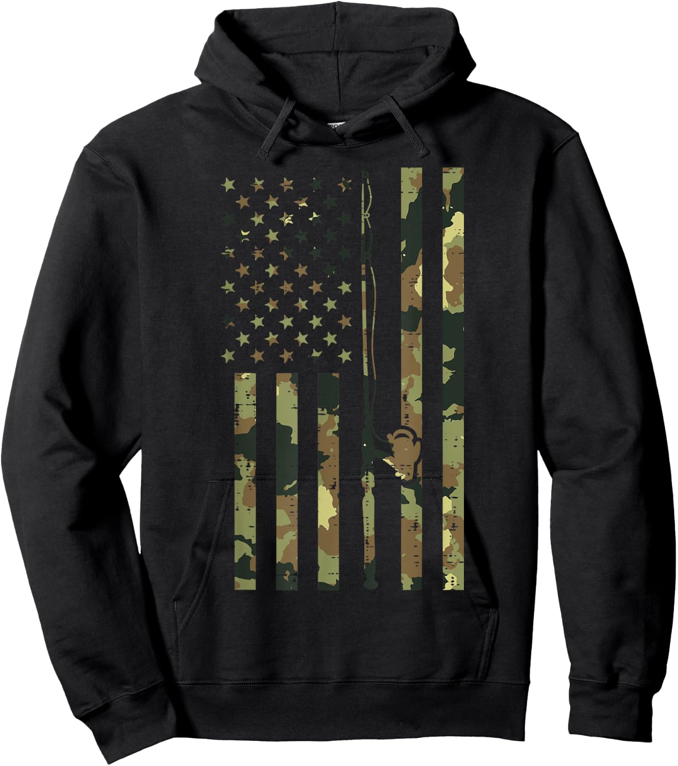 Camo US Flag Fishing Rod Pole Vintage Patriotic Fisherman Hoodie - Hoodie | Black