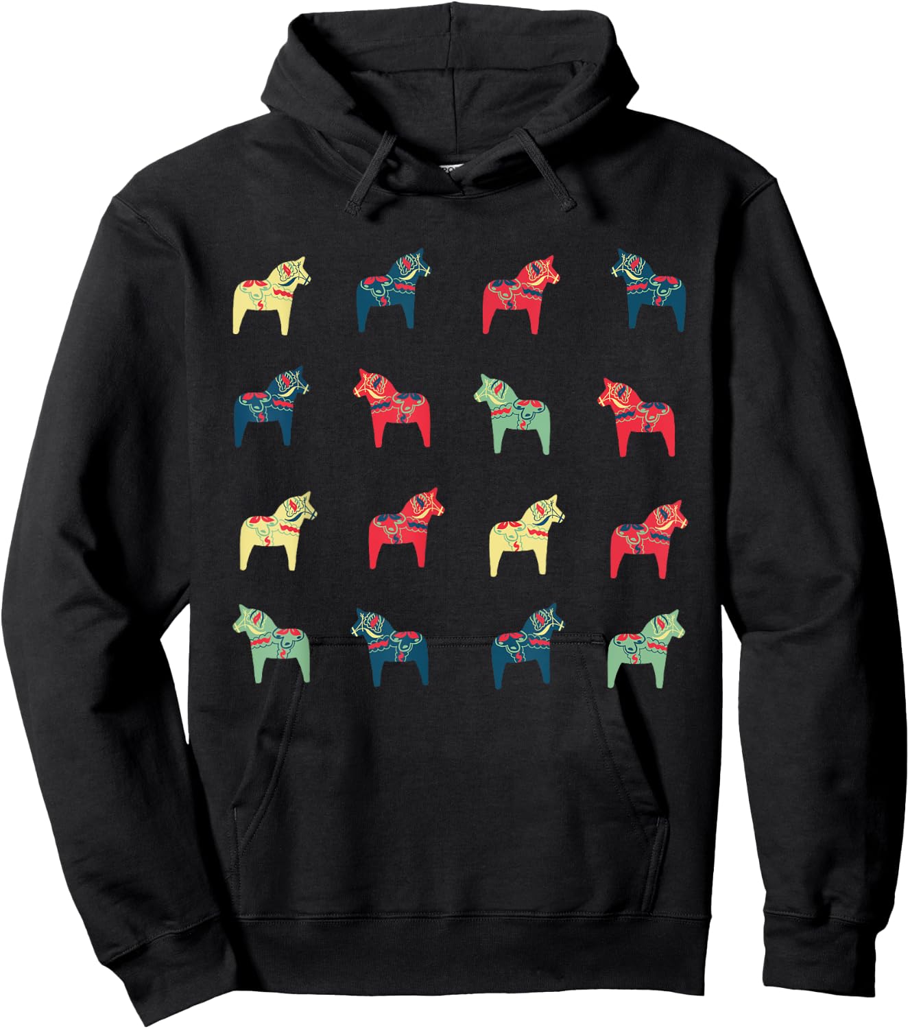 Swedish Dala Horses Dalecarlian Adults Black Small Modern Cartoon Embroidery Short Sleeve Hoodie - Hoodie | Black