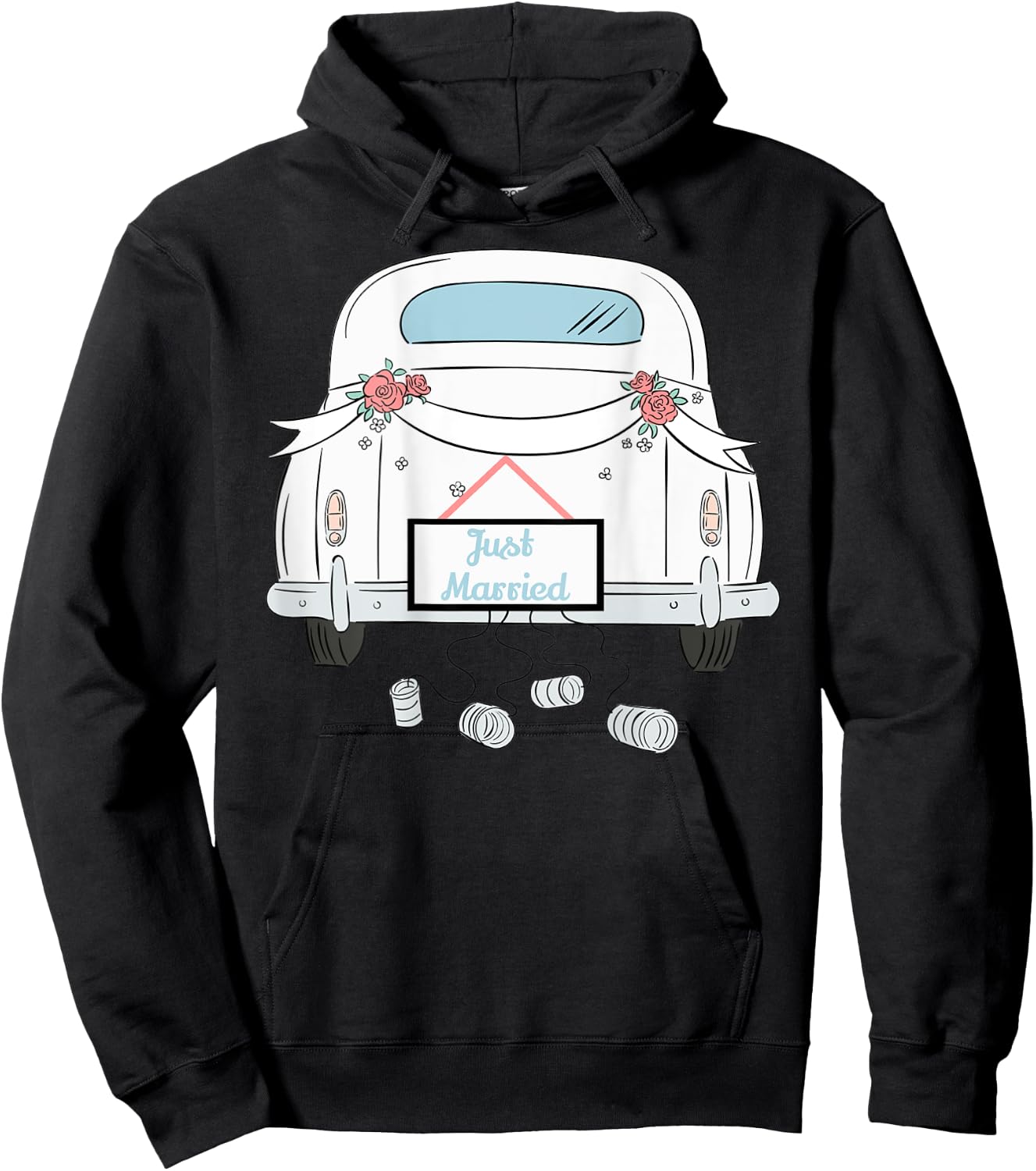 Just Married Honeymoon Car With Cans Design on Back Hoodie - Hoodie | Black