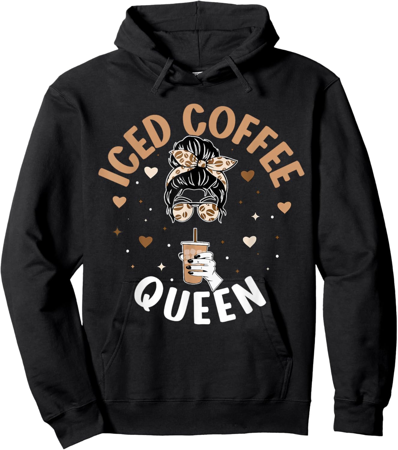 Iced Coffee Queen Women Messy Bun Cold Brew Coffee Quote Hoodie - Hoodie | Black