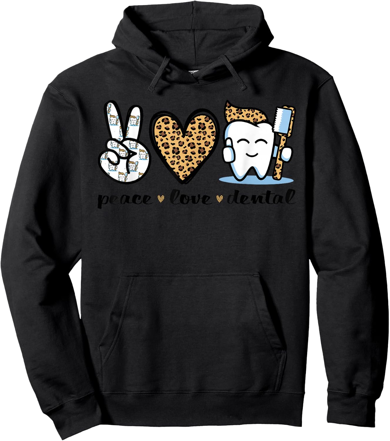 Peace Love Dental Leopard Heart Teeth Funny Dentist Hoodie - Hoodie | Black