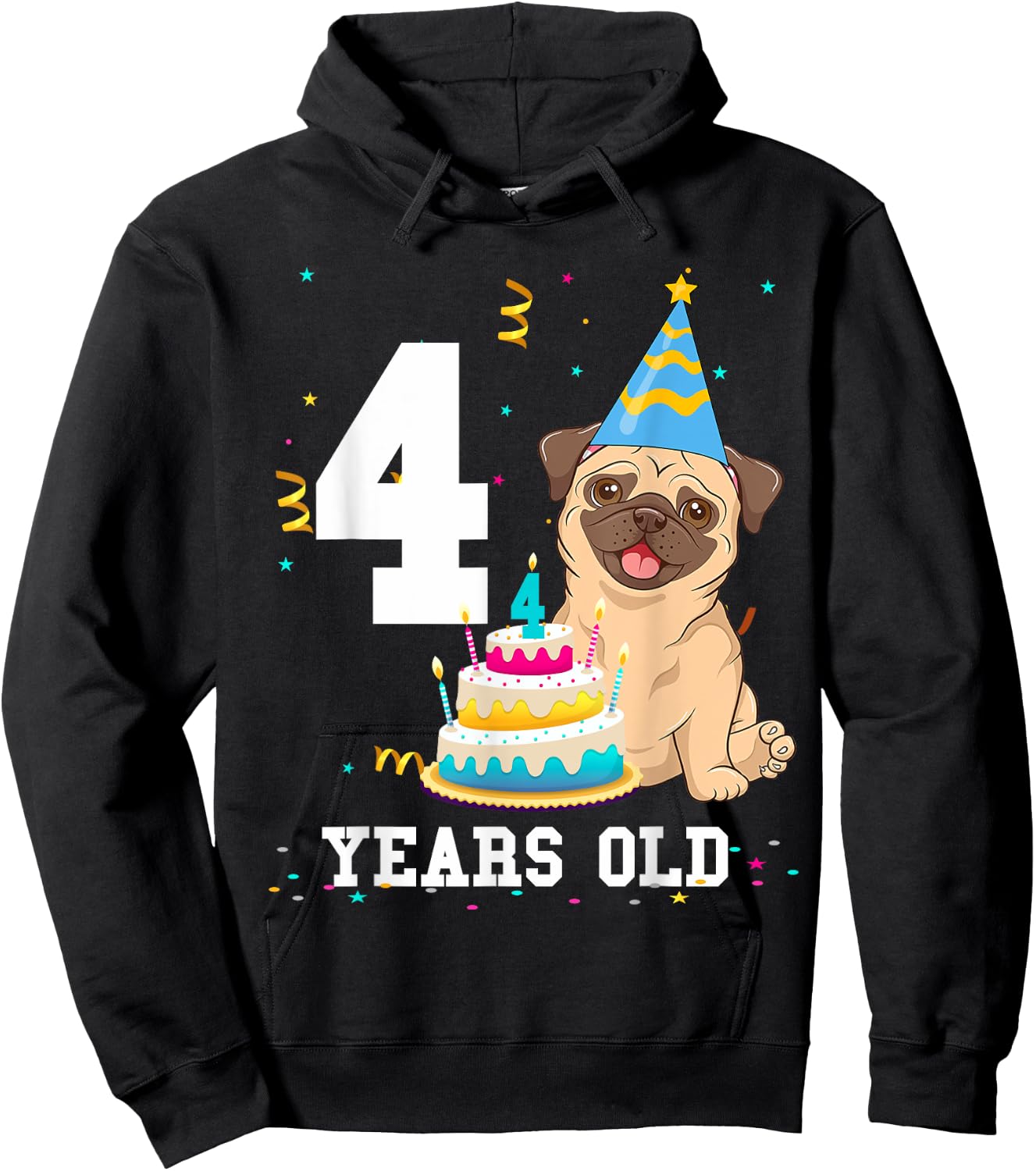 4 Years Old Birthday Pug Dog Lover Party Kids Boys Girls Hoodie - Hoodie | Black