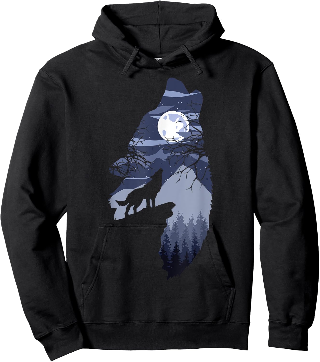 Forest with Full-Moon and Cliff Of Silhouette Howling Wolf Hoodie - Hoodie | Black