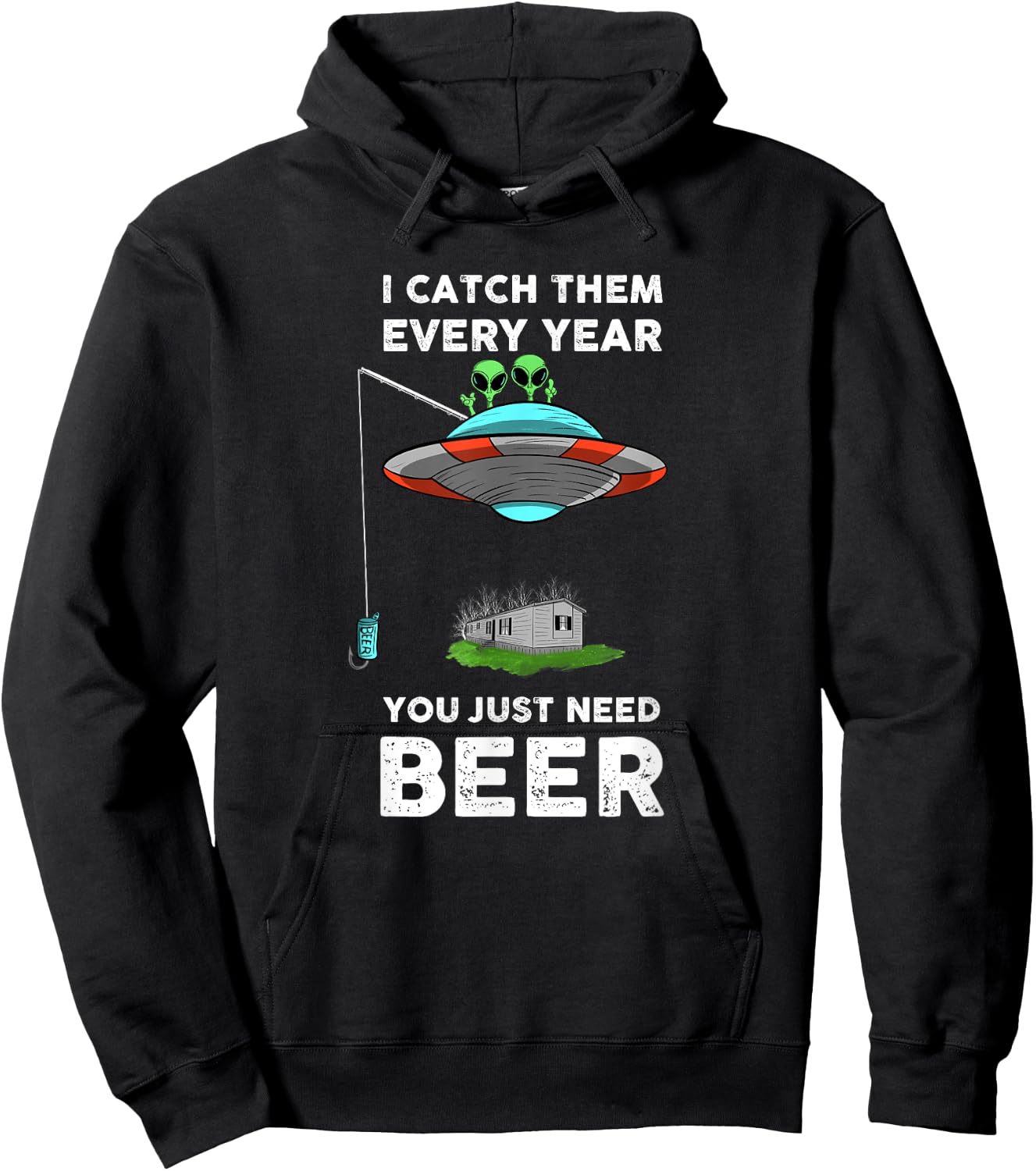 Funny Alien and UFO Redneck Fishing Beer Graphic Hoodie - Hoodie | Black
