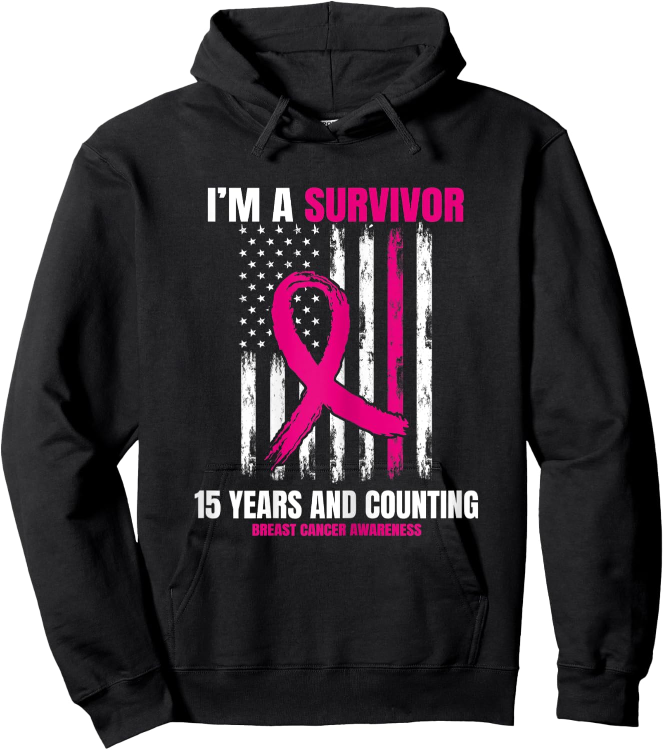 15 Year Survivor Gifts Pink Breast Cancer Awareness USA Flag Hoodie - Hoodie | Black