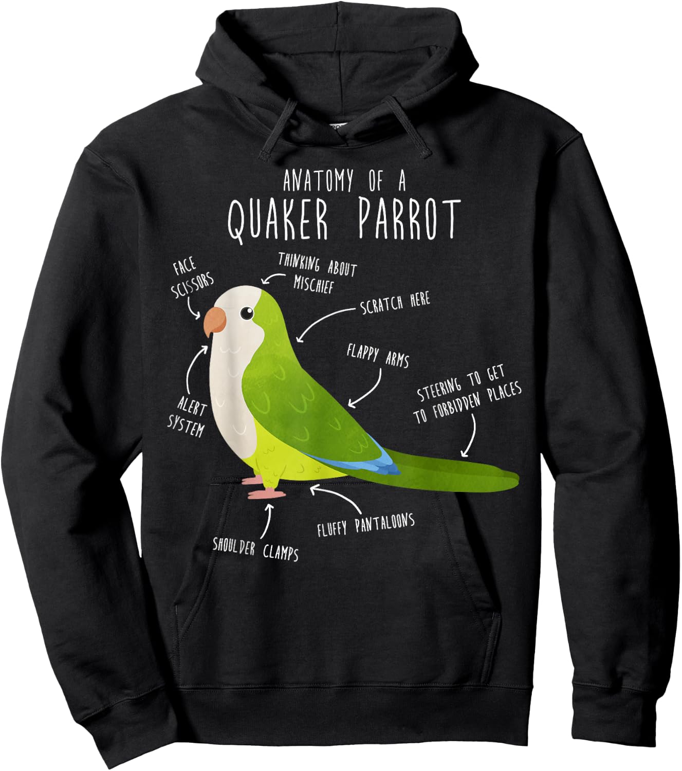 Green Quaker Parrot Anatomy, Cute Funny Pet Monk Bird Lover Hoodie - Hoodie | Black