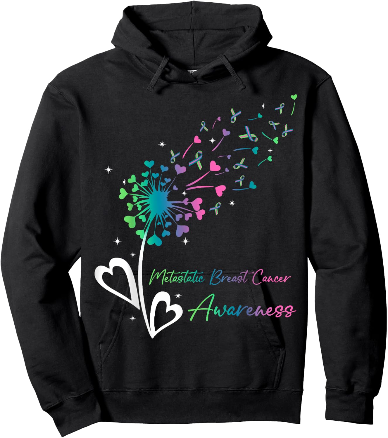 Heart Dandelion Flower Green Teal Pink Ribbons MBC Awareness Hoodie - Hoodie | Black