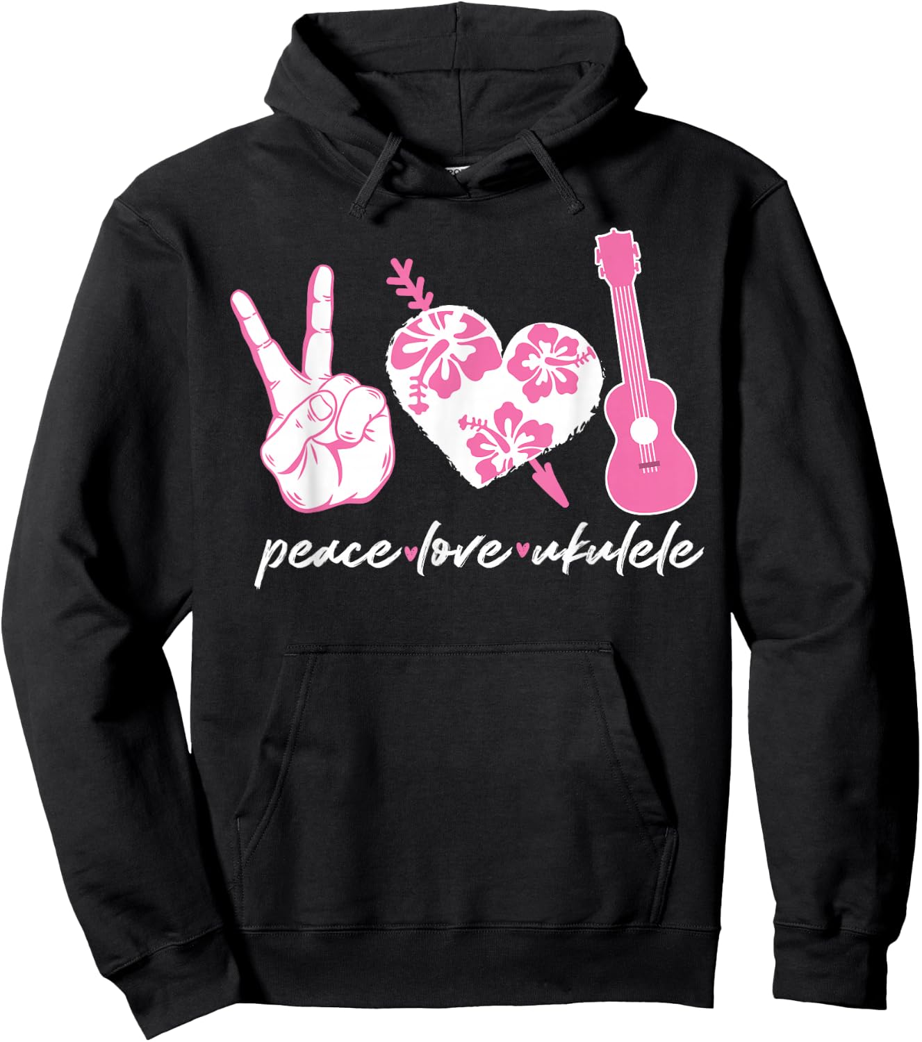 Hawaiian Uke Peace Love Ukulele Flower Heart Hoodie - Hoodie | Black