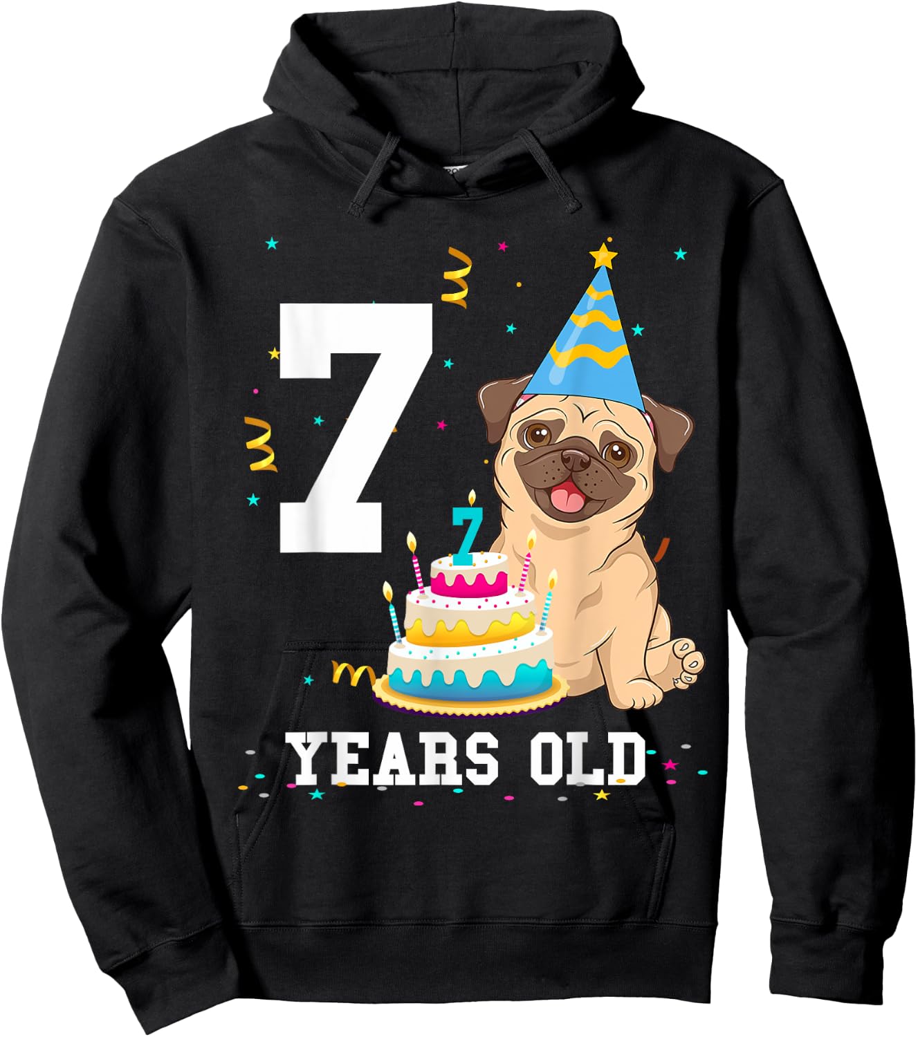 7 Years Old Birthday Pug Dog Lover Party Kids Boys Girls Hoodie - Hoodie | Black