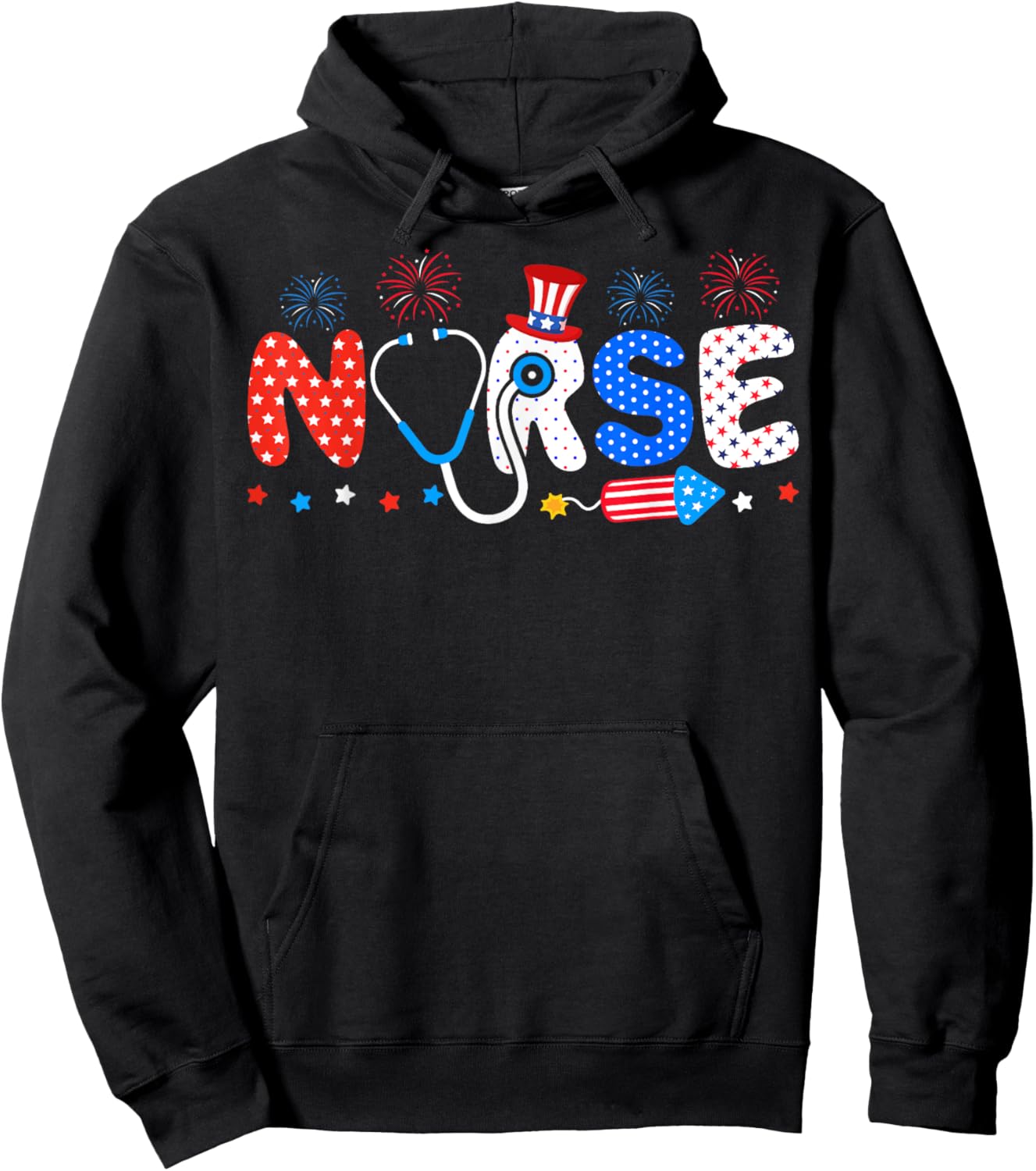 USA Flag 4th Of July Nursing Stethoscope Patriotic Nurse Hoodie - Hoodie | Black
