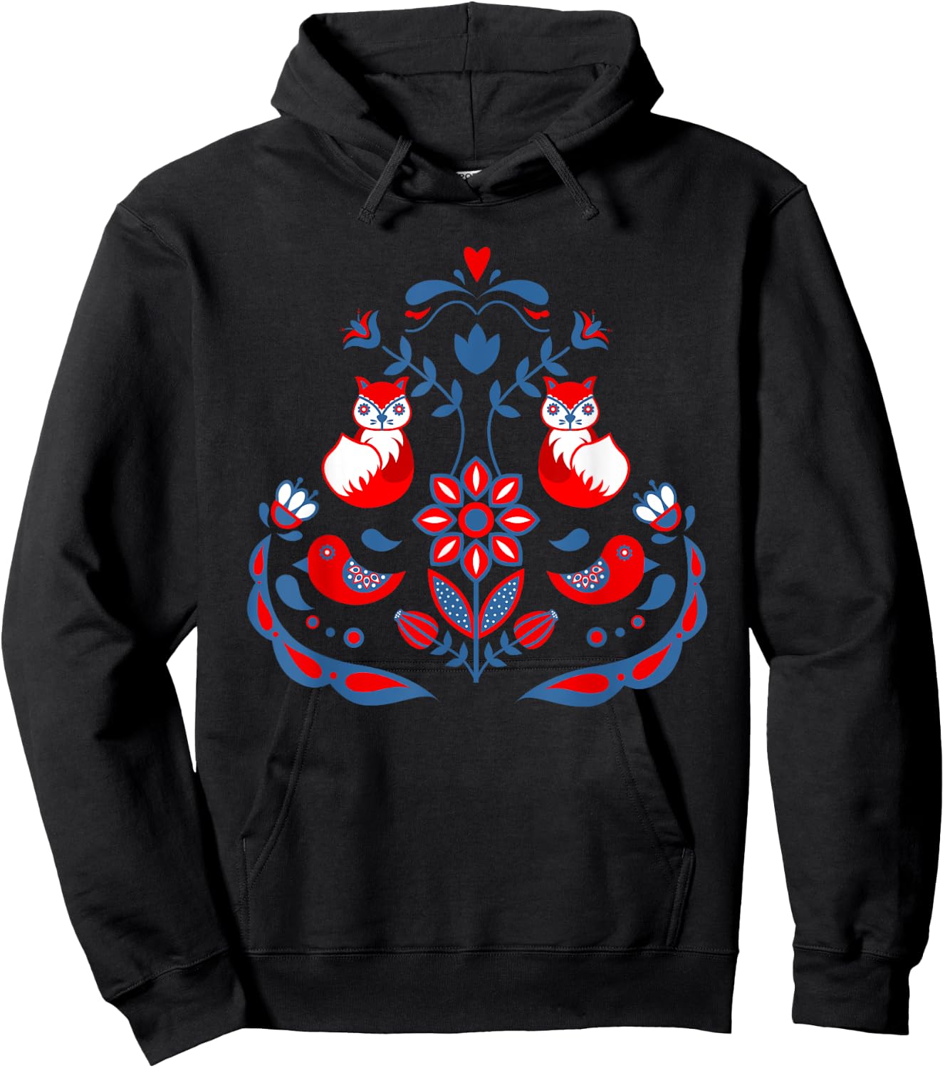 Scandinavian Folk Art Nature Flowers Birds and Foxes Hoodie - Hoodie | Black