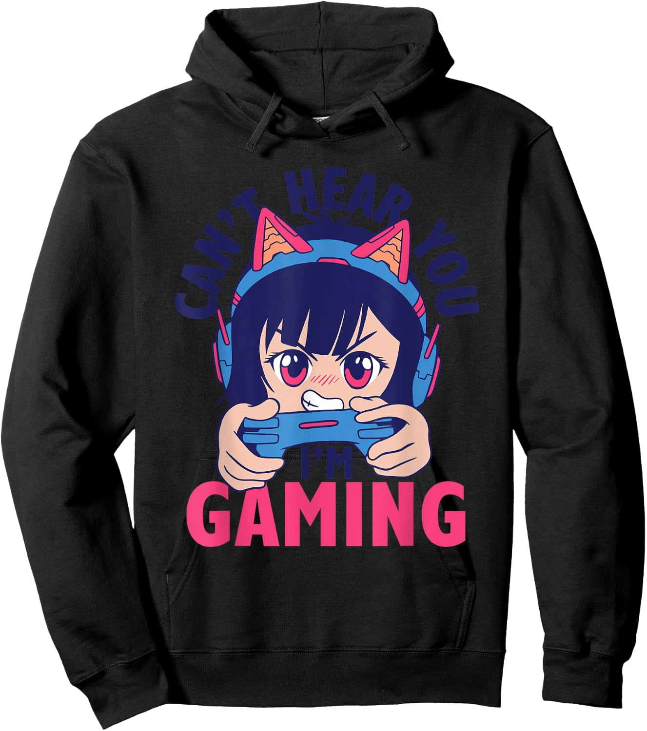 Can't Hear You I'm Gaming Funny Gamer Anime Cartoon Graphic Hoodie - Hoodie | Black