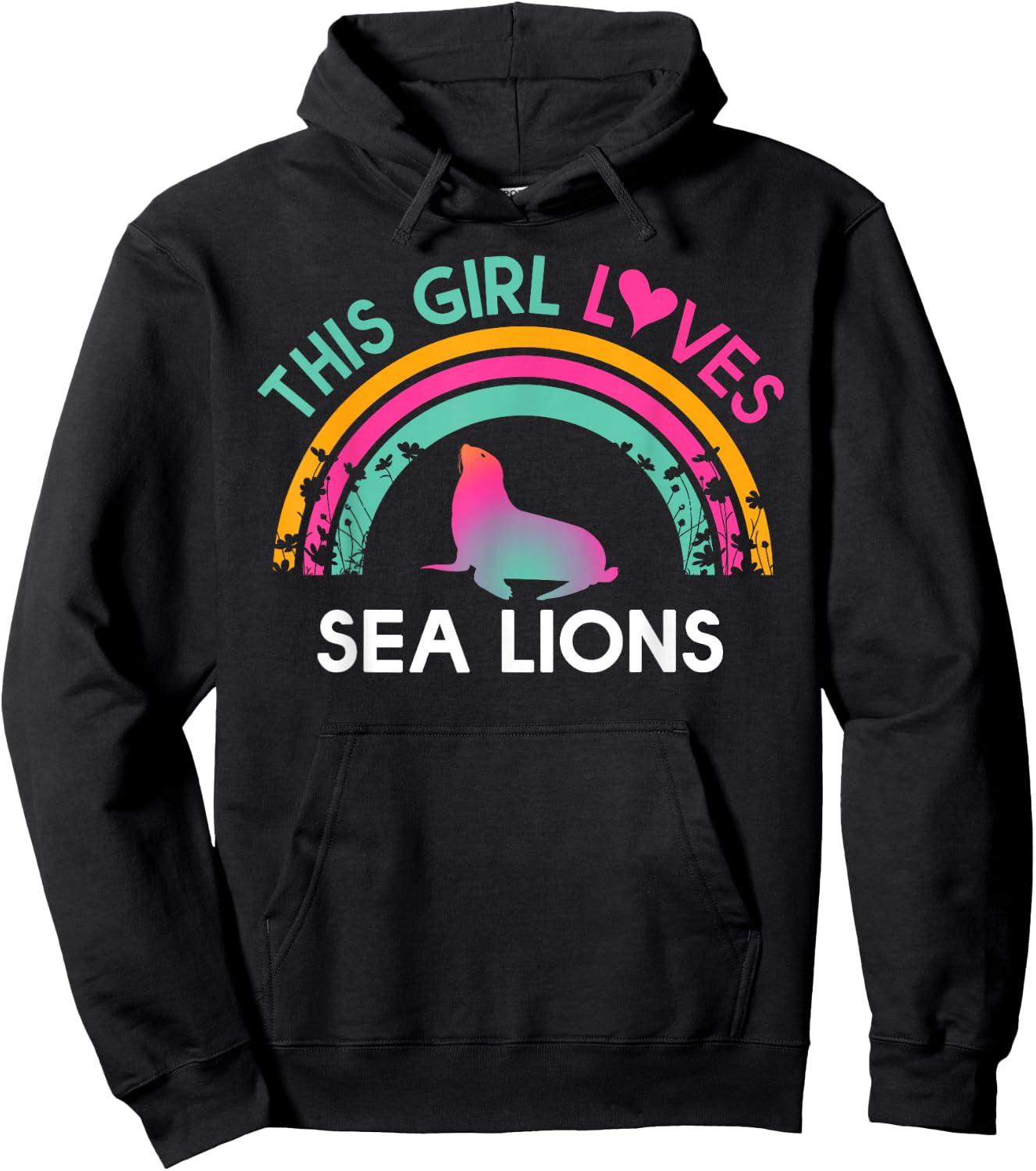 Kids this Girl Loves Sea lions Cute Rainbow Silhouette Hoodie - Hoodie | Black