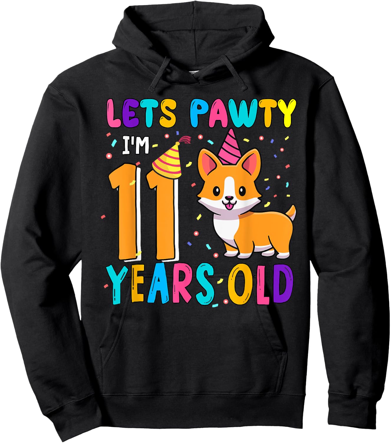 Cute Lets Pawty 11 Years Old Birthday Corgi Dog Owners Kids Hoodie - Hoodie | Black