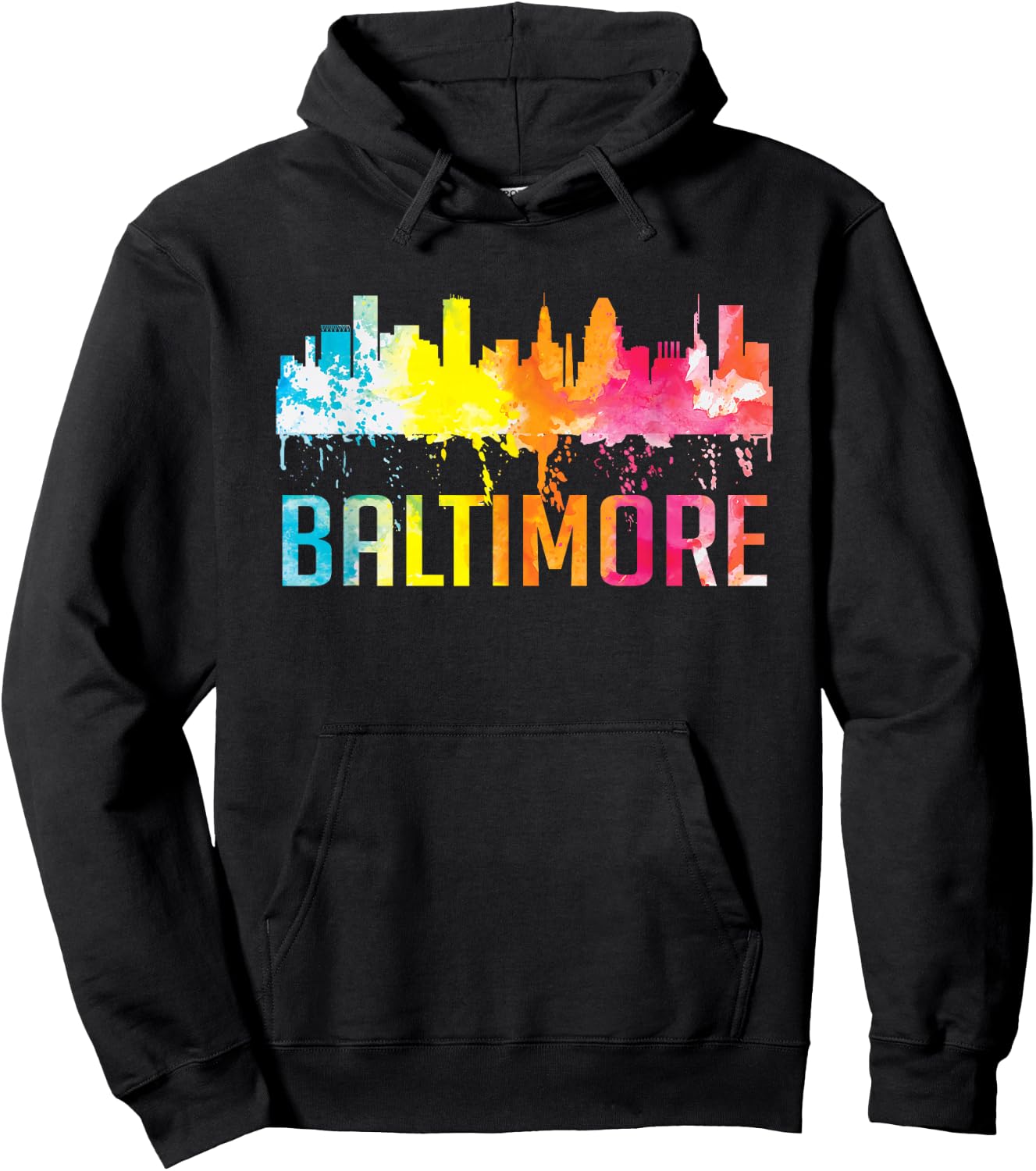 Baltimore Maryland Retro Watercolor Skyline Art Souvenir Hoodie - Hoodie | Black